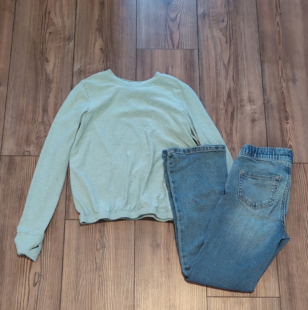 Justice Kids Mint Green Top and Blue Jeans Set